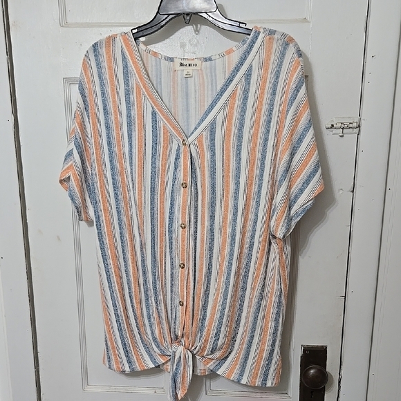 Blue Mood Tops - Blue Mood Women's Striped Button-Down Top Tie Waist Blue and Orange 2X